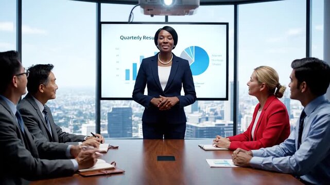 Businesswoman leading a meeting in a modern boardroom with a cityscape view