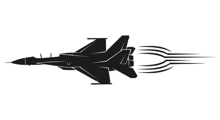 A sleek black fighter jet in dynamic flight leaving a trail of speed a striking silhouette © AL-AMIN