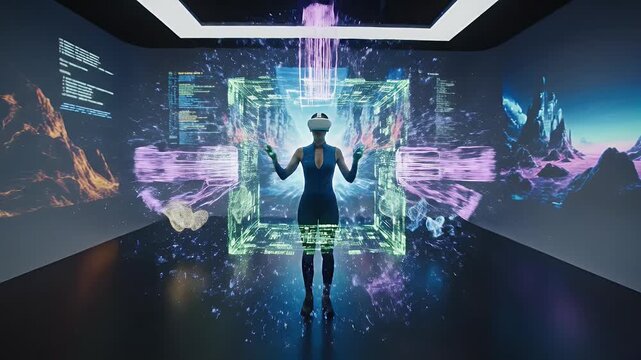 Woman in VR headset interacts with floating digital objects within a futuristic environment