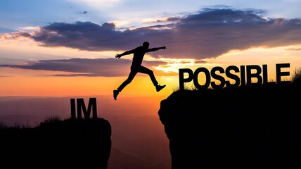 Silhouette man jumping across cliff with possible word at sunset sky