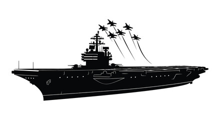 A striking black silhouette of an aircraft carrier with fighter jets taking off silhouette high quality © AL-AMIN