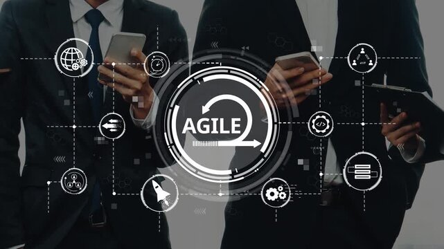 A professional business team engaged in collaboration enhances productivity and strategy through agile methodology and innovative digital interfaces in a modern workspace. Raster