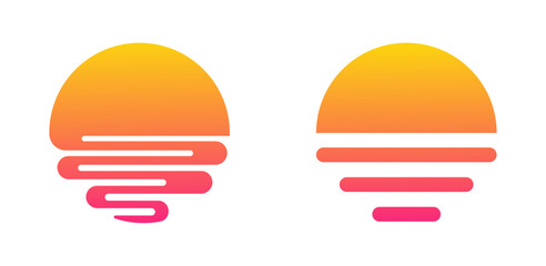 Two modern gradient sunsetsunrise icons with horizontal lines, one wavy and one straight. Ideal for branding, travel, summer, or relaxation themes. © Design 26BD