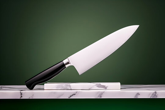 Sharp chef's knife on marble countertop against green background