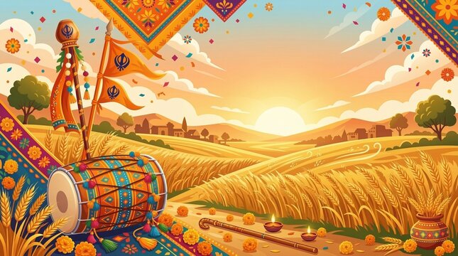 Golden wheat fields at sunrise with traditional dhol drum and festive decorations symbolizing the Vaisakhi harvest festival in Punjab.