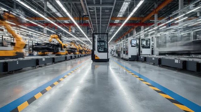 Modern factory interior with automated vehicles, assembly lines, and bright overhead lighting