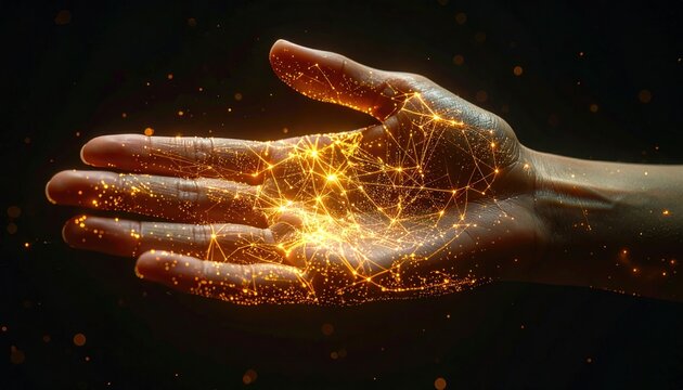 Open palm glows with interconnected golden light, reaching into darkness