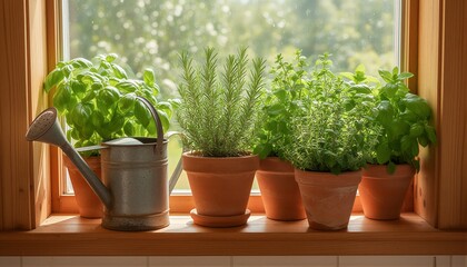Fototapeta premium Herb Garden on Sunny Windowsill