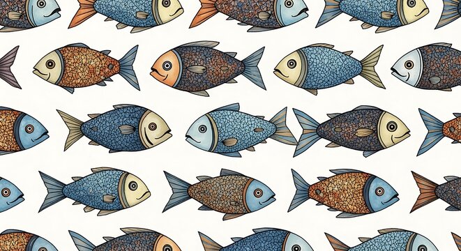 A pattern of colorful fish on a white background