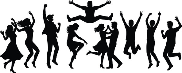 Black silhouettes of happy people jumping, dancing, and celebrating success together in a diverse group, perfect for energetic party, festival, or joyful lifestyle designs