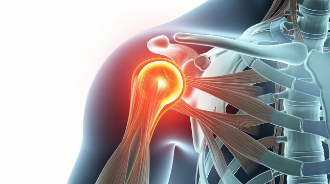 A detailed digital illustration showing the human shoulder joint with emphasis on muscles and inflammation in the rotator cuff area.