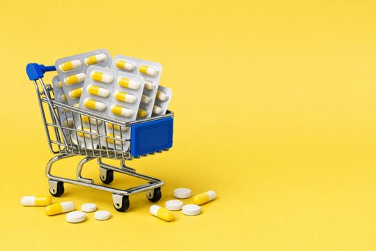 Shopping cart with medicine capsules on yellow background. Ai generative