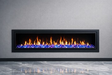 Naklejka premium Modern electric fireplace on grey wall in interior. 