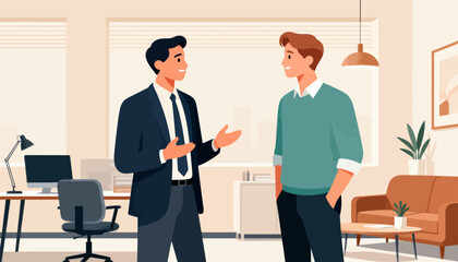 Fototapeta premium Two men converse in a modern office space. One gestures while speaking, showing engagement. The other listens attentively, relaxed and open. Warm lighting and clean furniture create a calm tone