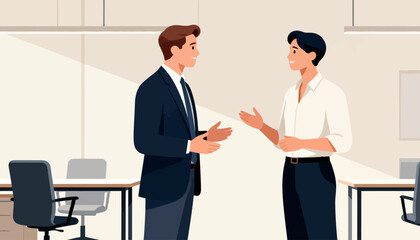 Obraz premium Two professionals converse in a modern office space. They gesture actively, signaling engagement. Neutral tones and clean lines define the environment. Ideal for business meetings or team discussions