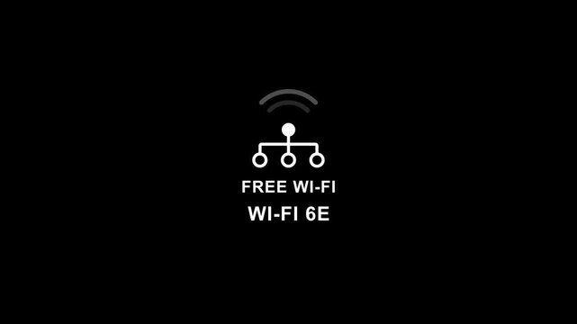 Free wi- fi 6 e network symbol on black background with white text and free wifi 6e wireless internet
