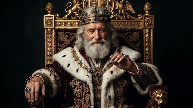 Elderly human monarch sitting on royal throne wearing crown