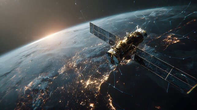 Ultra realistic satellite orbiting above earth with glowing data network overlay, cinematic space photography style