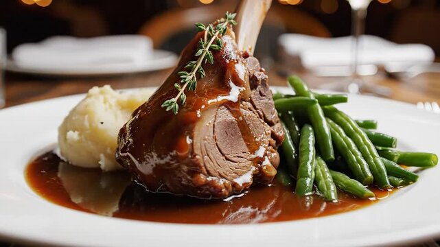 Gourmet lamb shank plated with mashed potato green beans and rich gravy dinner