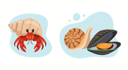 Hermit crab and snail with mussel illustration © Unsplash Stock PD