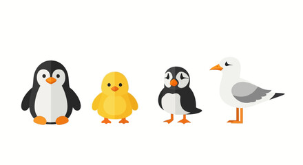 Fototapeta premium Penguin, chick, puffin, and seagull characters standing together