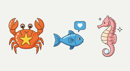 Orange crab, blue fish, and pink seahorse on light background © Stock PD