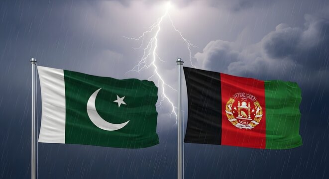 Pakistan and afghanistan flags waving in the wind with lightning stormy sky