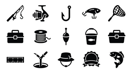A collection of black and white vector icons representing various fishing equipment and accessories, including rods, reels, lures, nets, tackle boxes, and more. © GJ
