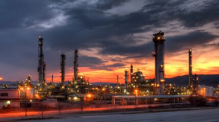 Fototapeta premium Industrial refinery complex with dramatic sunset lighting and HDR clarity