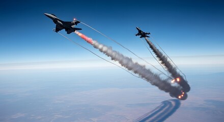 Military jets flying in formation and firing missiles in the sky
