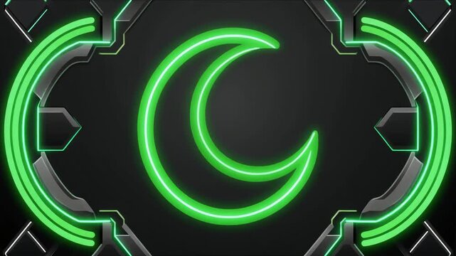 neon green crescent moon symbol on futuristic metallic plate