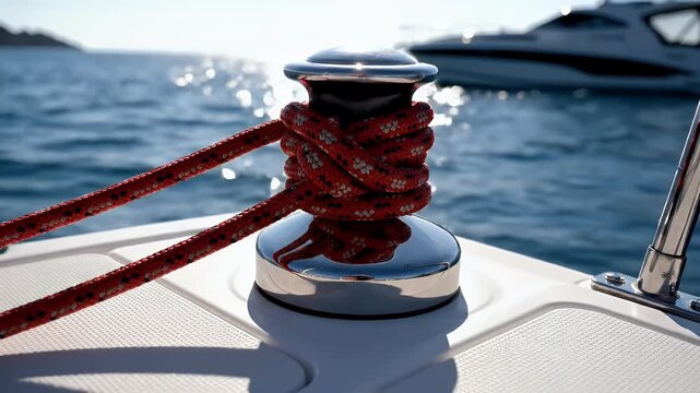 A red rope is wrapped around a metal boat winch