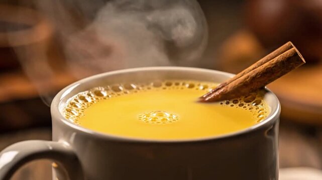 Steaming Hot Golden Milk Turmeric Latte with Cinnamon Sticks