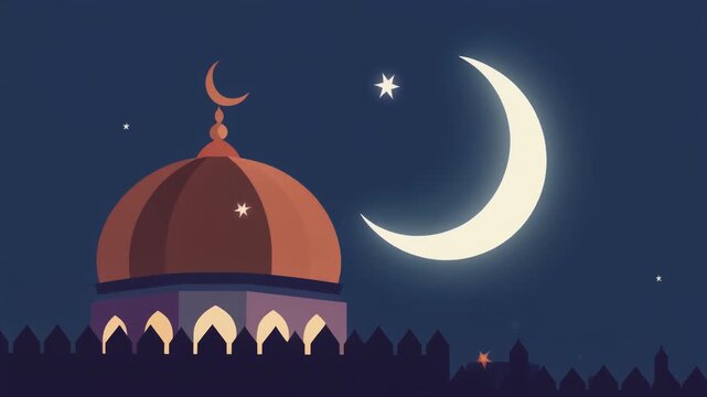 Islamic mosque illustration with crescent moon and stars at night