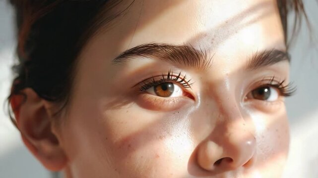 Beautiful young woman's eyes and face illuminated by natural sunlight
