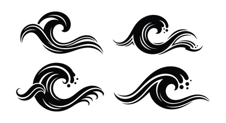 Four black wave designs arranged on a white background showcasing a fluid artistic silhouette high quality © Kuntol02