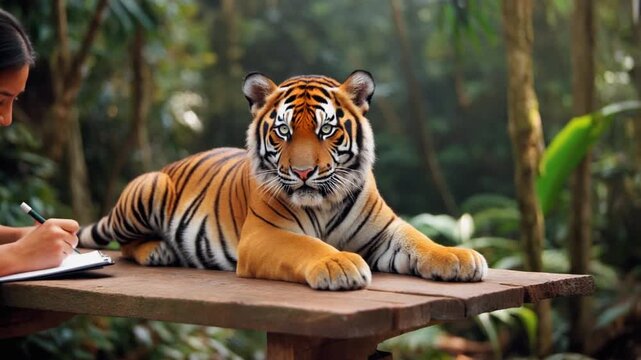 Tiger standing on a rock in a zoo or wild nature with beautiful striped fur