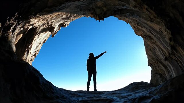 A silhouette stands at the mouth of a cave, pointing towards the bright blue sky
