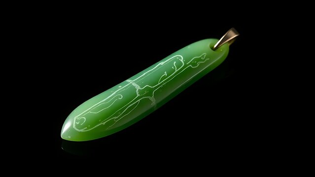 A slender green jade pendant shaped like a silique on a dark background. event programs, museum guides, designed for cultural heritage projects and event programs, used by fitness trainers.