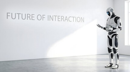 Obraz premium Sleek humanoid robot with white and carbon fiber accents stands in a minimalist gallery space gesturing towards the illuminated text 'future of interaction' on a bright white wall