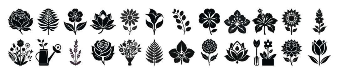black silhouette collection of diverse flowers and plants