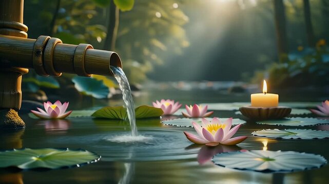A serene and zen-like ambiance is created with an image of a traditional water fountain. The gently flowing water, the floating flowers.