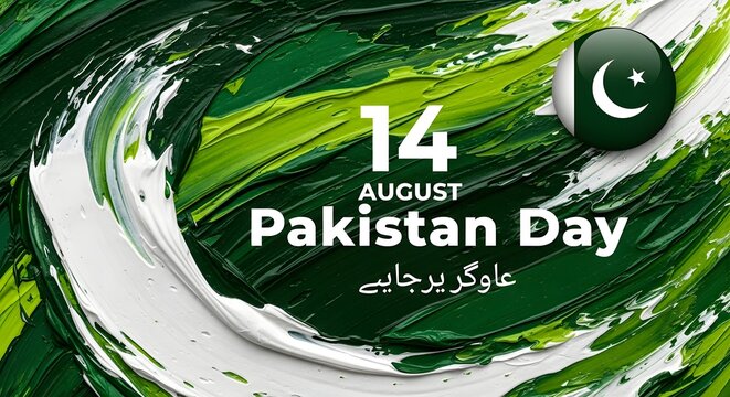 Pakistan day celebration with a green and white abstract background and urdu text