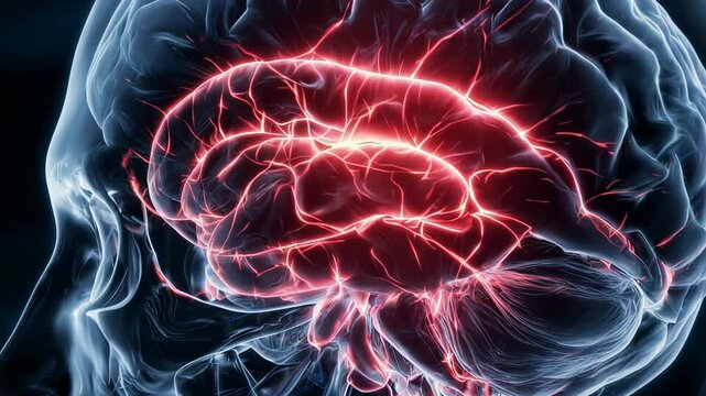 Human Brain Anatomy with Glowing Red Pain Center or Neurological Activity in 3D Skull Illustration