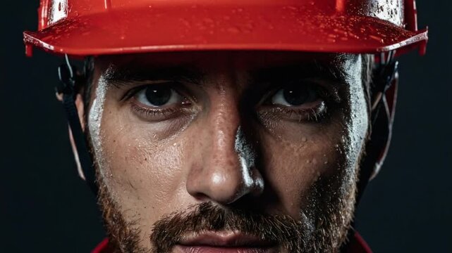 Close-up of a determined worker in a red hard hat, face wet with sweat
