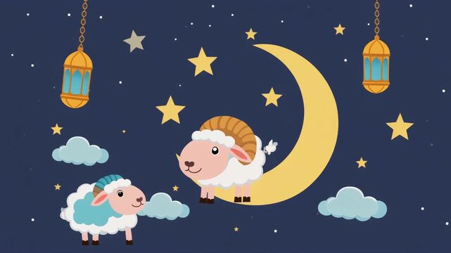 cartoon sheep and ram on crescent moon under starry night sky with lan