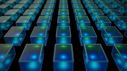 Fototapeta premium Rows of glowing blue and green translucent cubes arranged in a grid pattern on a black background