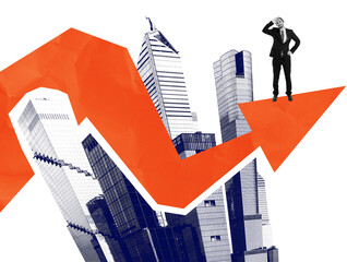A businessman on an orange rising arrow over tall city buildings in a modern collage style on white...