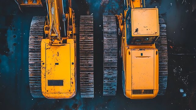 Aerial top-down view captures the massive, rugged yellow bodies and distinct metal tracks of two heavy construction excavators parked closely together awaiting their next demanding industrial task.