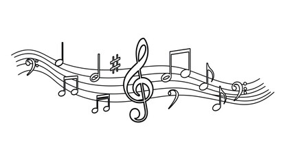 Black and white illustration of musical notes and treble clef on staff lines
